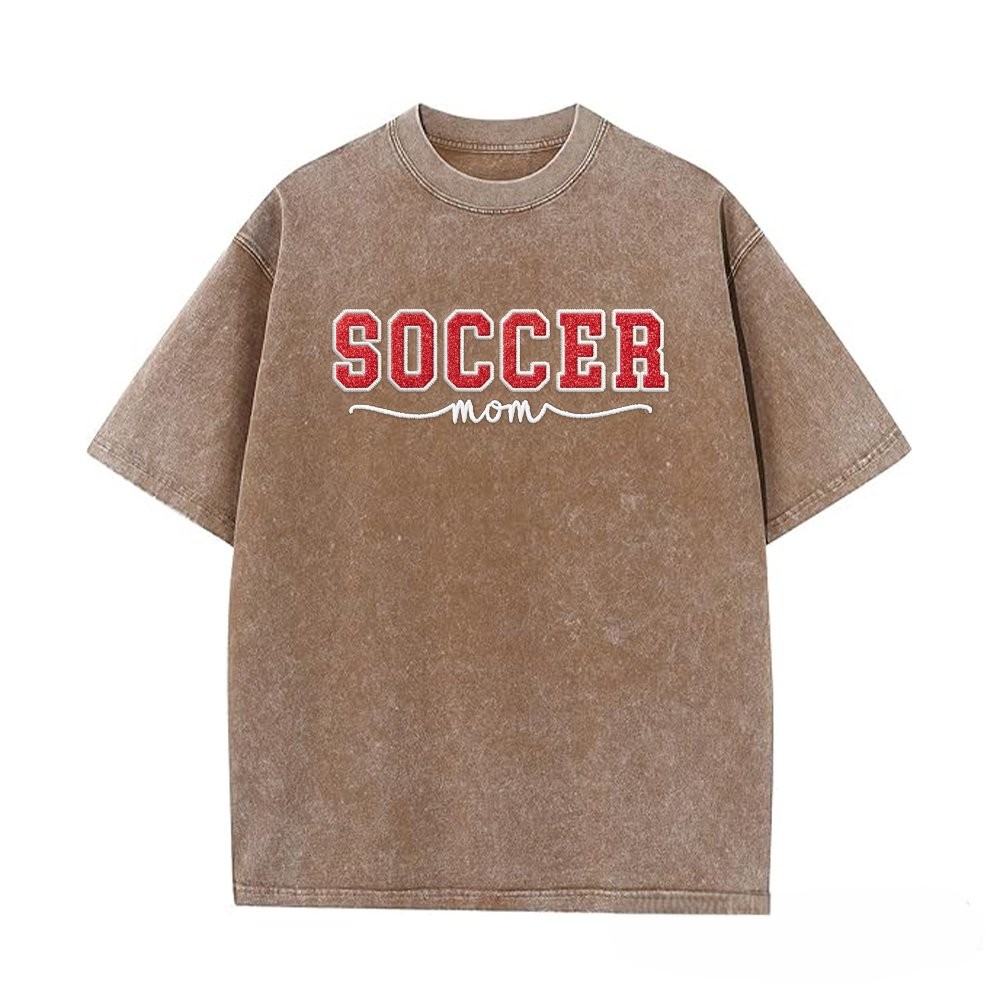 Proudstitch Soccer Mom Side Bow Glitter Embroidery Washed T-Shirt Soccer Mom Apparel