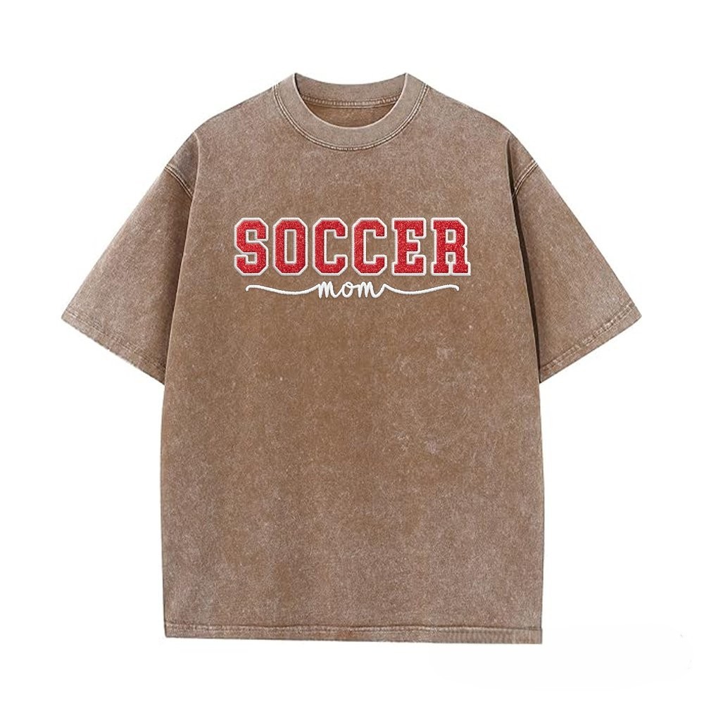Proudstitch Soccer Mom Side Bow Glitter Embroidery Washed T-Shirt Soccer Mom Apparel