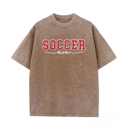 Proudstitch Soccer Mom Side Bow Glitter Embroidery Washed T-Shirt Soccer Mom Apparel