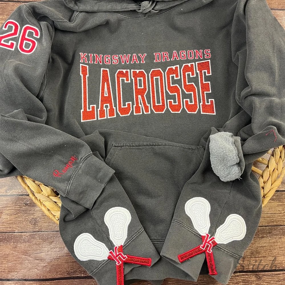 Proudstitch Custom Glitter Embroidered Lacrosse Sweatshirt with School Name Team Spirit Shirt