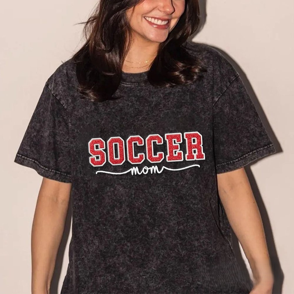 Proudstitch Soccer Mom Side Bow Glitter Embroidery Washed T-Shirt Soccer Mom Apparel