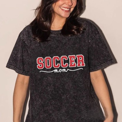 Proudstitch Soccer Mom Side Bow Glitter Embroidery Washed T-Shirt Soccer Mom Apparel
