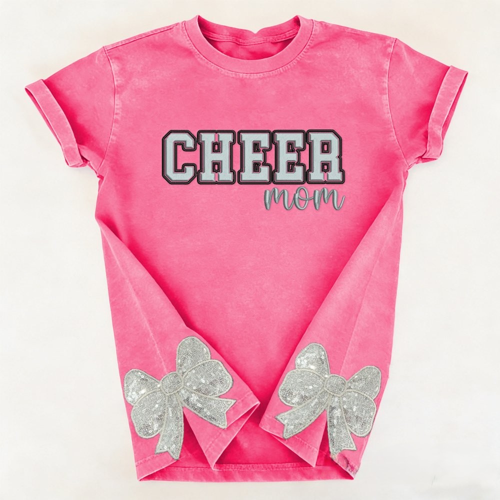 Proudstitch Puff Embroidered Cheer Mom Washed T-Shirt with Sequin Side Bows
