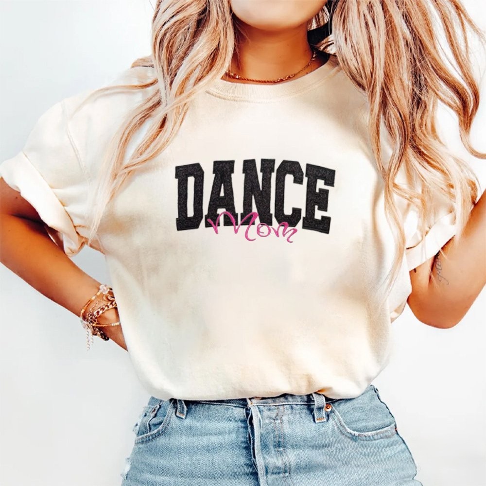 Proudstitch Personalized Custom Glitter Embroidered Dance Mom Washed T-Shirt