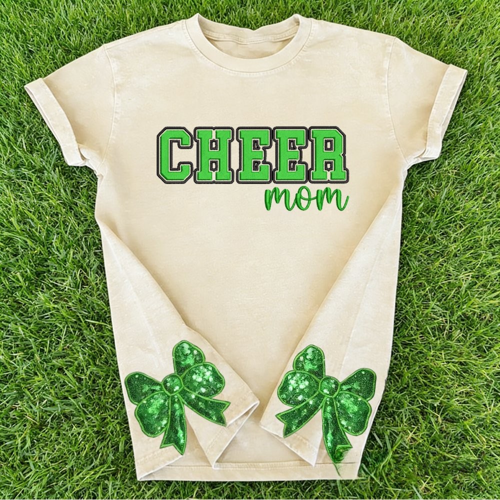 Proudstitch Puff Embroidered Cheer Mom Washed T-Shirt with Sequin Side Bows