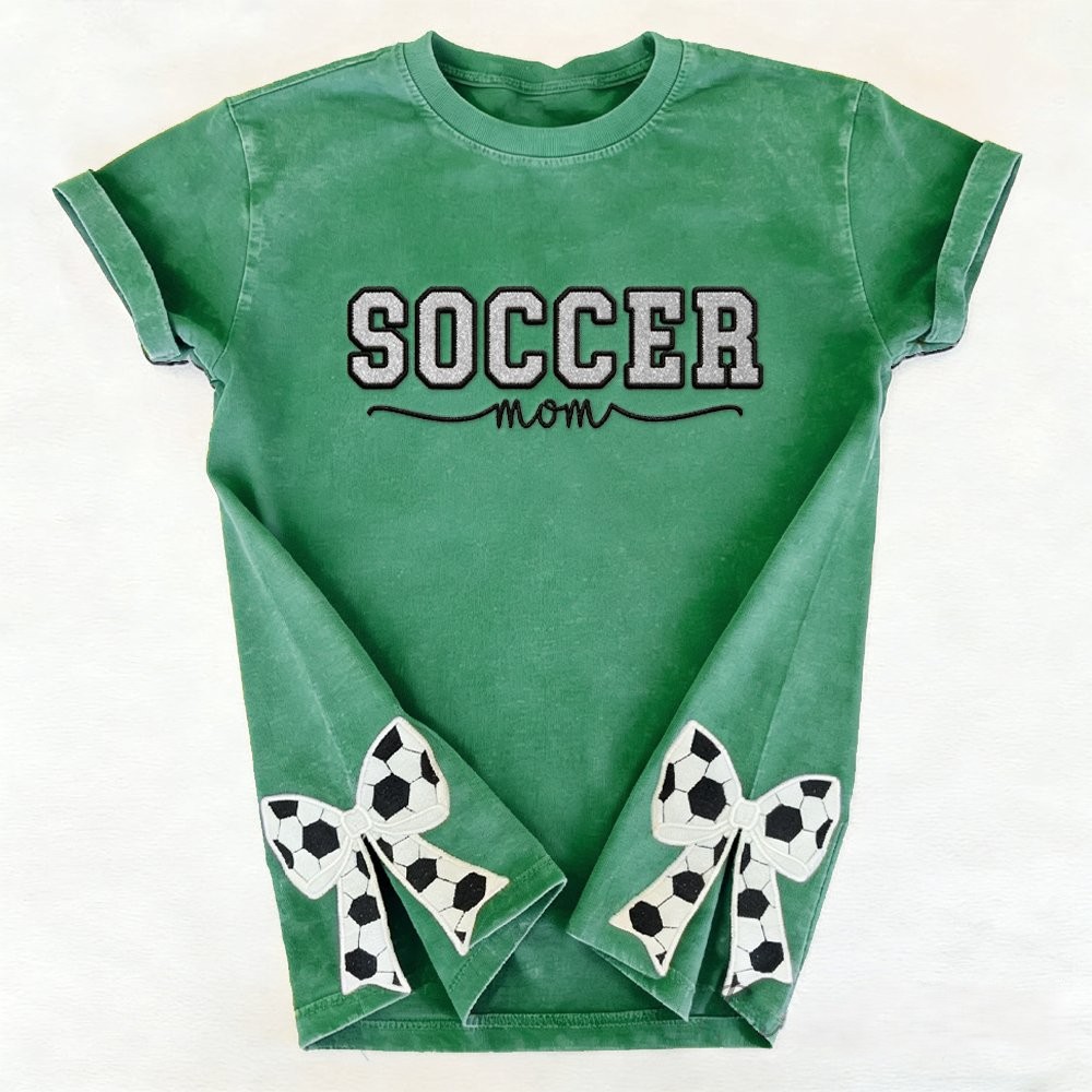Proudstitch Soccer Mom Side Bow Glitter Embroidery Washed T-Shirt Soccer Mom Apparel