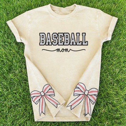 Proudstitch Baseball Mom Dad Glitter Embroidered Washed T-shirt with Side Bow