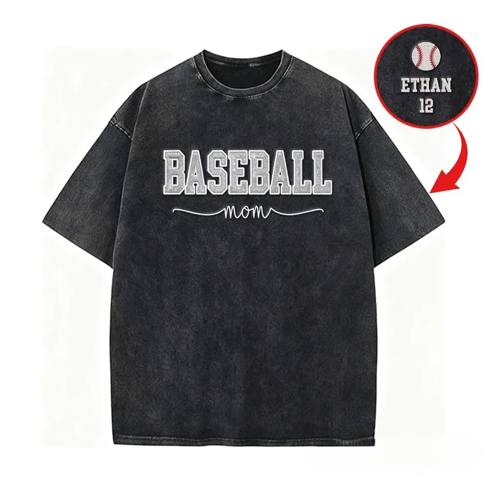 Proudstitch Baseball Mom Dad Glitter Embroidered Washed T-shirt with Side Bow