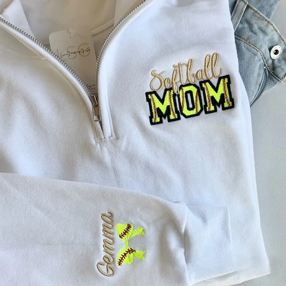 Personalized Softball Mom Embroidery Sweatshirt with Kid Name on Sleeve