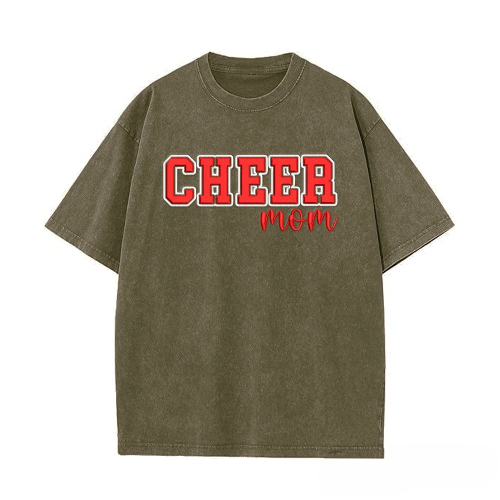 Proudstitch Puff Embroidered Cheer Mom Washed T-Shirt with Sequin Side Bows