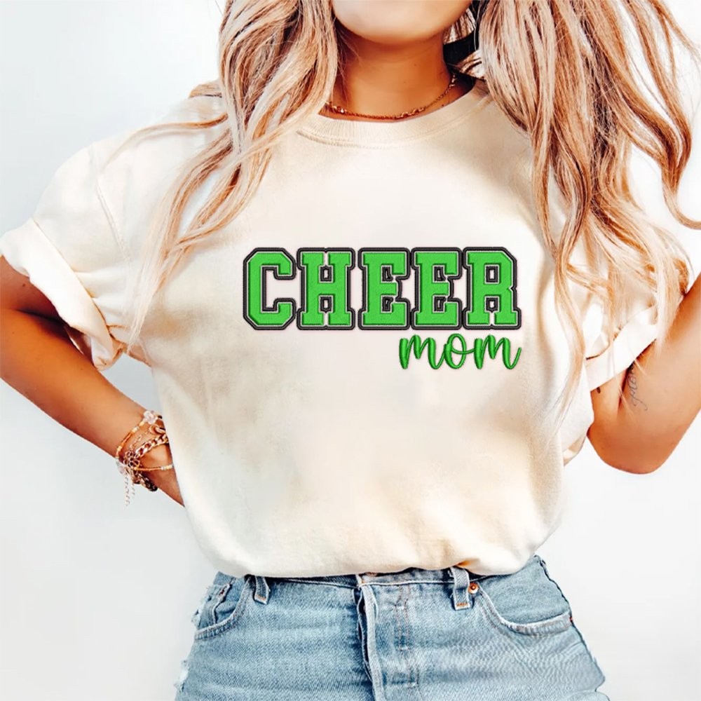 Proudstitch Puff Embroidered Cheer Mom Washed T-Shirt with Sequin Side Bows