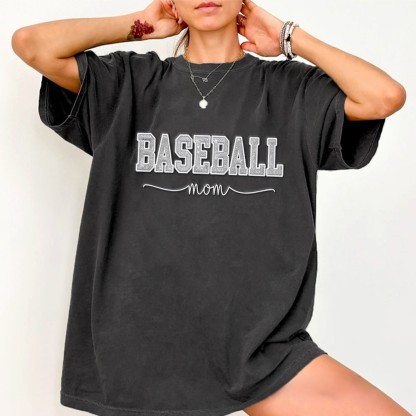 Proudstitch Baseball Mom Dad Glitter Embroidered Washed T-shirt with Side Bow