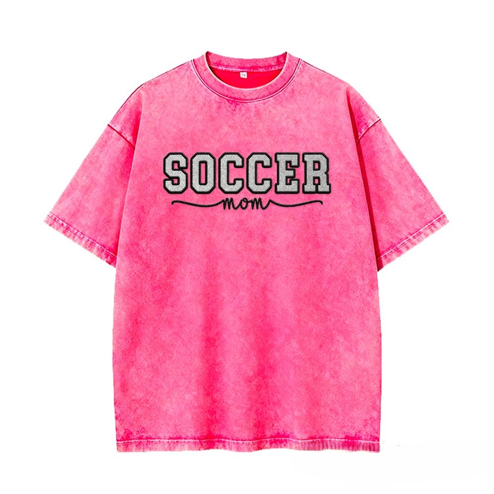 Proudstitch Soccer Mom Side Bow Glitter Embroidery Washed T-Shirt Soccer Mom Apparel