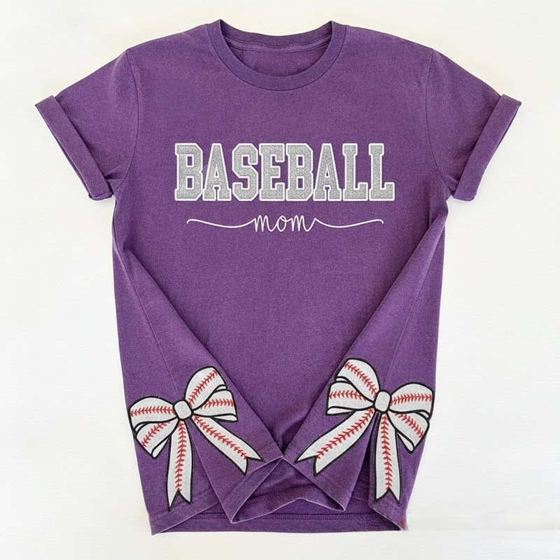 Proudstitch Baseball Mom Dad Glitter Embroidered Washed T-shirt with Side Bow