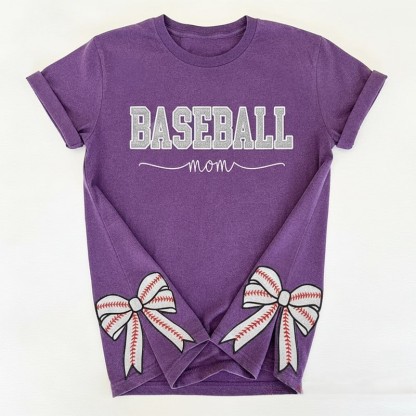 Proudstitch Baseball Mom Dad Glitter Embroidered Washed T-shirt with Side Bow