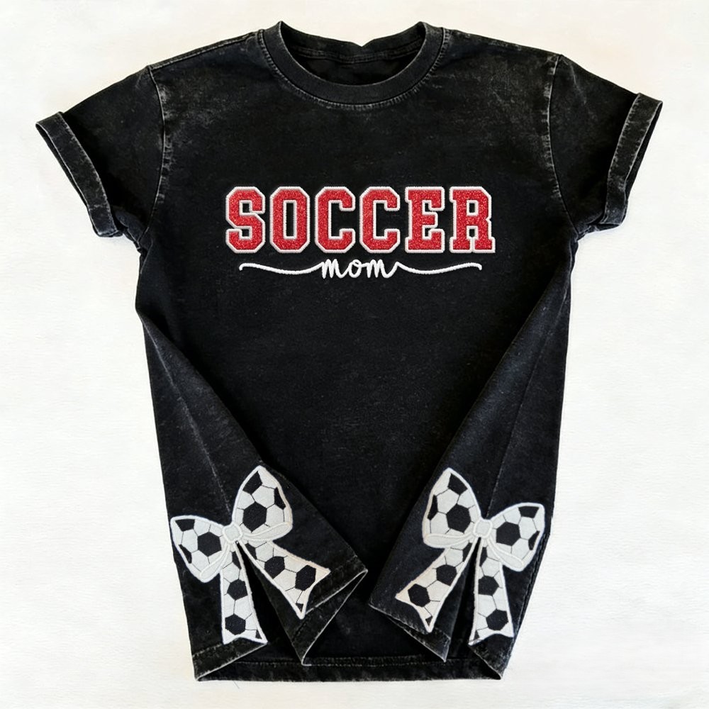 Proudstitch Soccer Mom Side Bow Glitter Embroidery Washed T-Shirt Soccer Mom Apparel