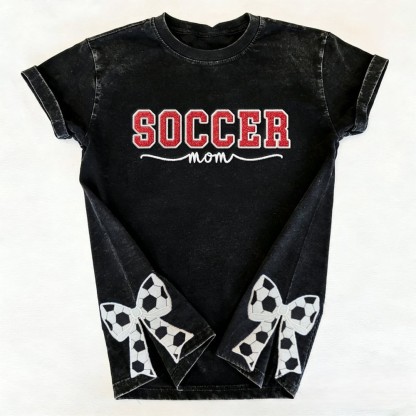 Proudstitch Soccer Mom Side Bow Glitter Embroidery Washed T-Shirt Soccer Mom Apparel