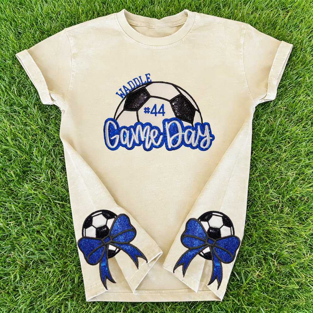 Proudstitch Soccer Game Day Washed T-Shirt Sequin Soccer Side Bow