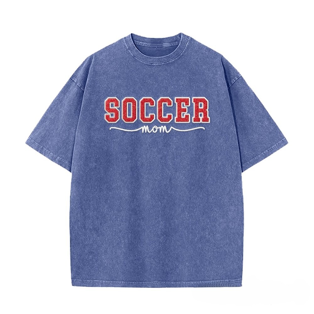Proudstitch Soccer Mom Side Bow Glitter Embroidery Washed T-Shirt Soccer Mom Apparel