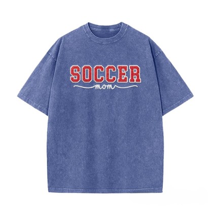 Proudstitch Soccer Mom Side Bow Glitter Embroidery Washed T-Shirt Soccer Mom Apparel