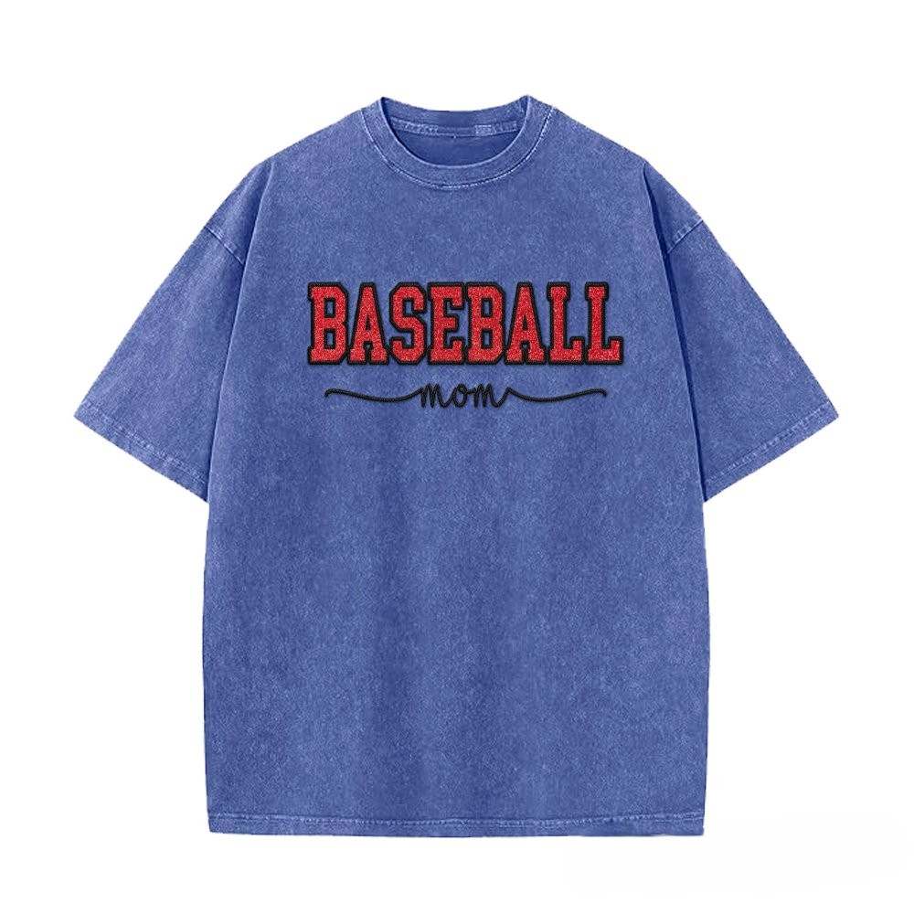 Proudstitch Baseball Mom Dad Glitter Embroidered Washed T-shirt with Side Bow