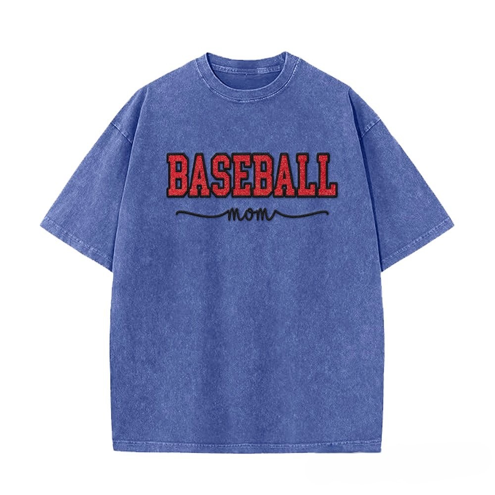 Proudstitch Baseball Mom Dad Glitter Embroidered Washed T-shirt with Side Bow