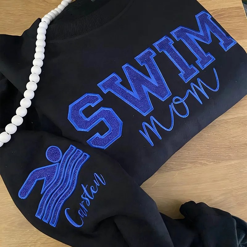 Proudstitch Personalized Embroidered Swim Mom Sweatshirt Custom Swim Applique Crewneck