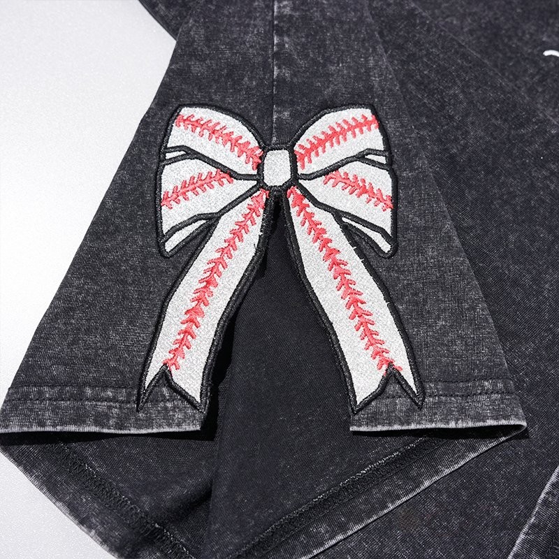 Proudstitch Baseball Mom Dad Glitter Embroidered Washed T-shirt with Side Bow