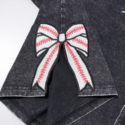Proudstitch Baseball Mom Dad Glitter Embroidered Washed T-shirt with Side Bow