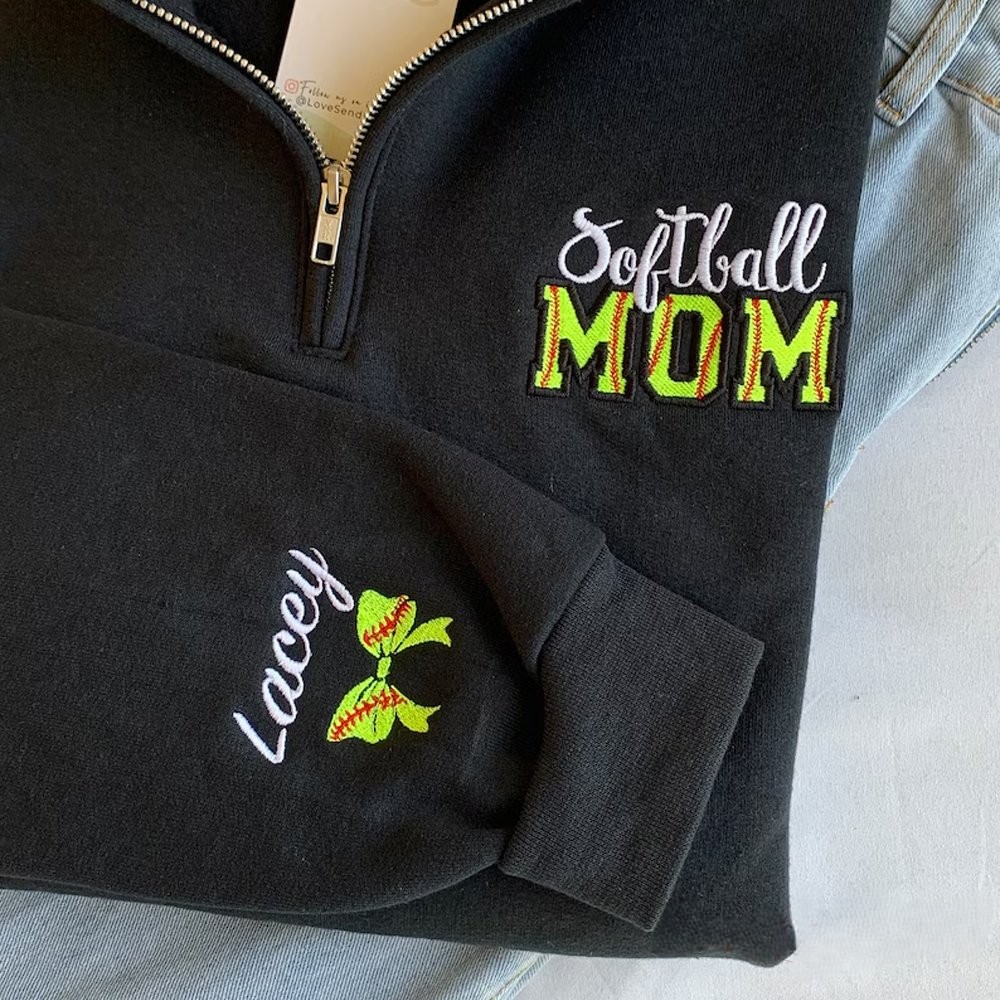 Personalized Softball Mom Embroidery Sweatshirt with Kid Name on Sleeve