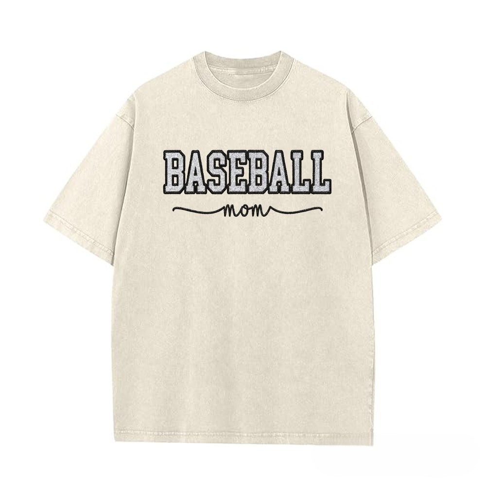 Proudstitch Baseball Mom Dad Glitter Embroidered Washed T-shirt with Side Bow