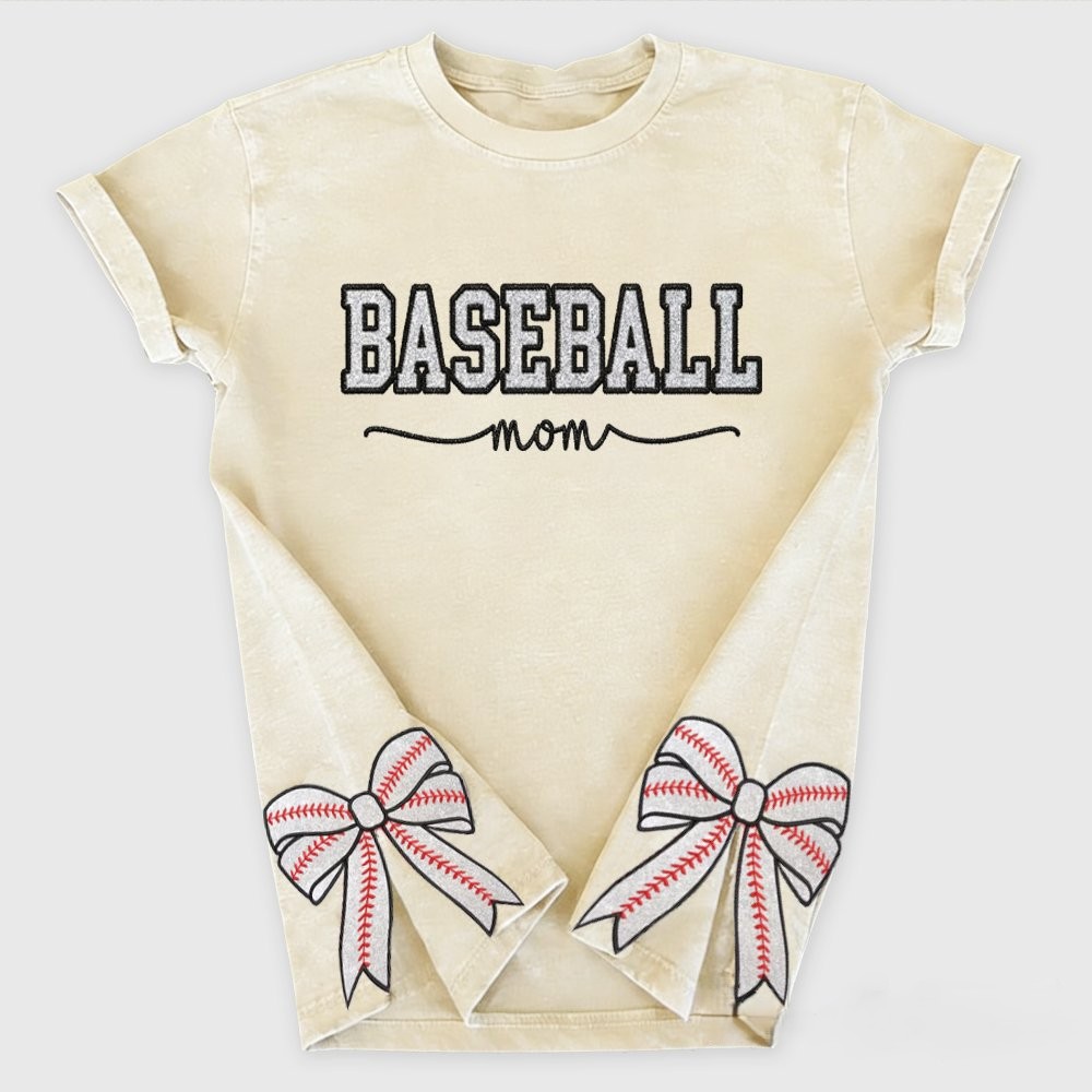 Proudstitch Baseball Mom Dad Glitter Embroidered Washed T-shirt with Side Bow