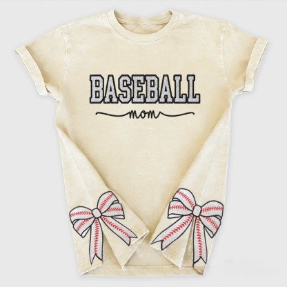 Proudstitch Baseball Mom Dad Glitter Embroidered Washed T-shirt with Side Bow