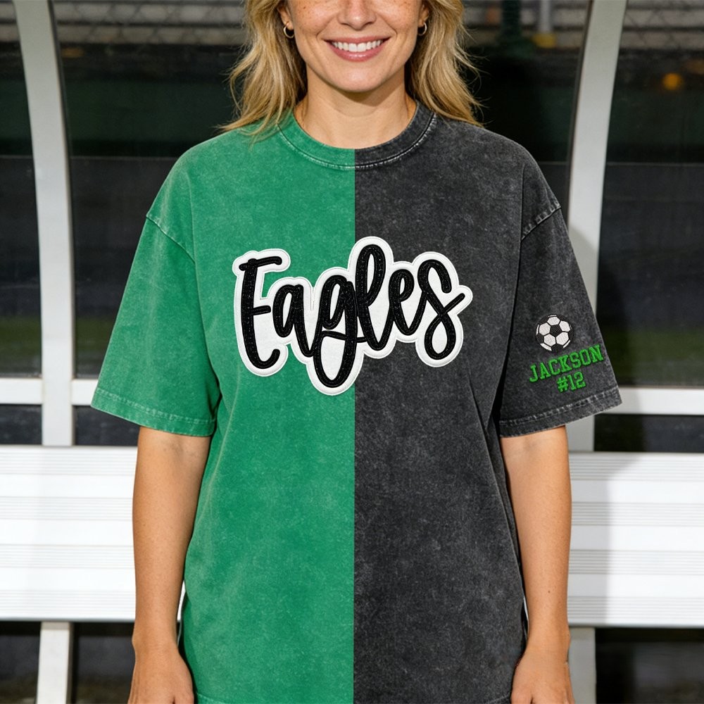 Proudstitch Glitter Team Mascot Two Tone Embroidered Vintage Washed T-Shirt For Game Day