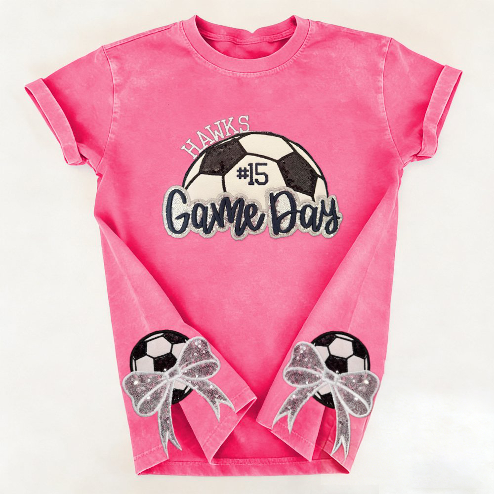 Proudstitch Soccer Game Day Washed T-Shirt Sequin Soccer Side Bow