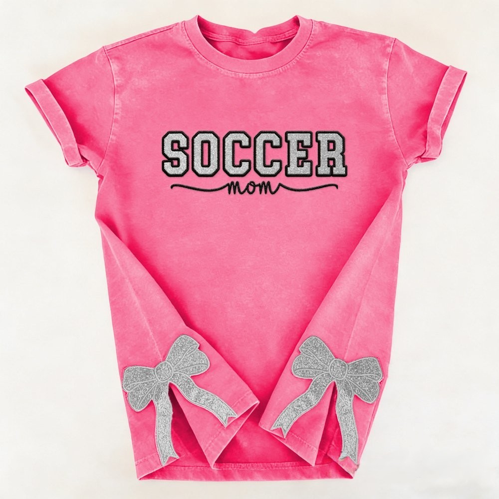 Proudstitch Soccer Mom Side Bow Glitter Embroidery Washed T-Shirt Soccer Mom Apparel