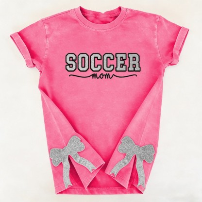 Proudstitch Soccer Mom Side Bow Glitter Embroidery Washed T-Shirt Soccer Mom Apparel