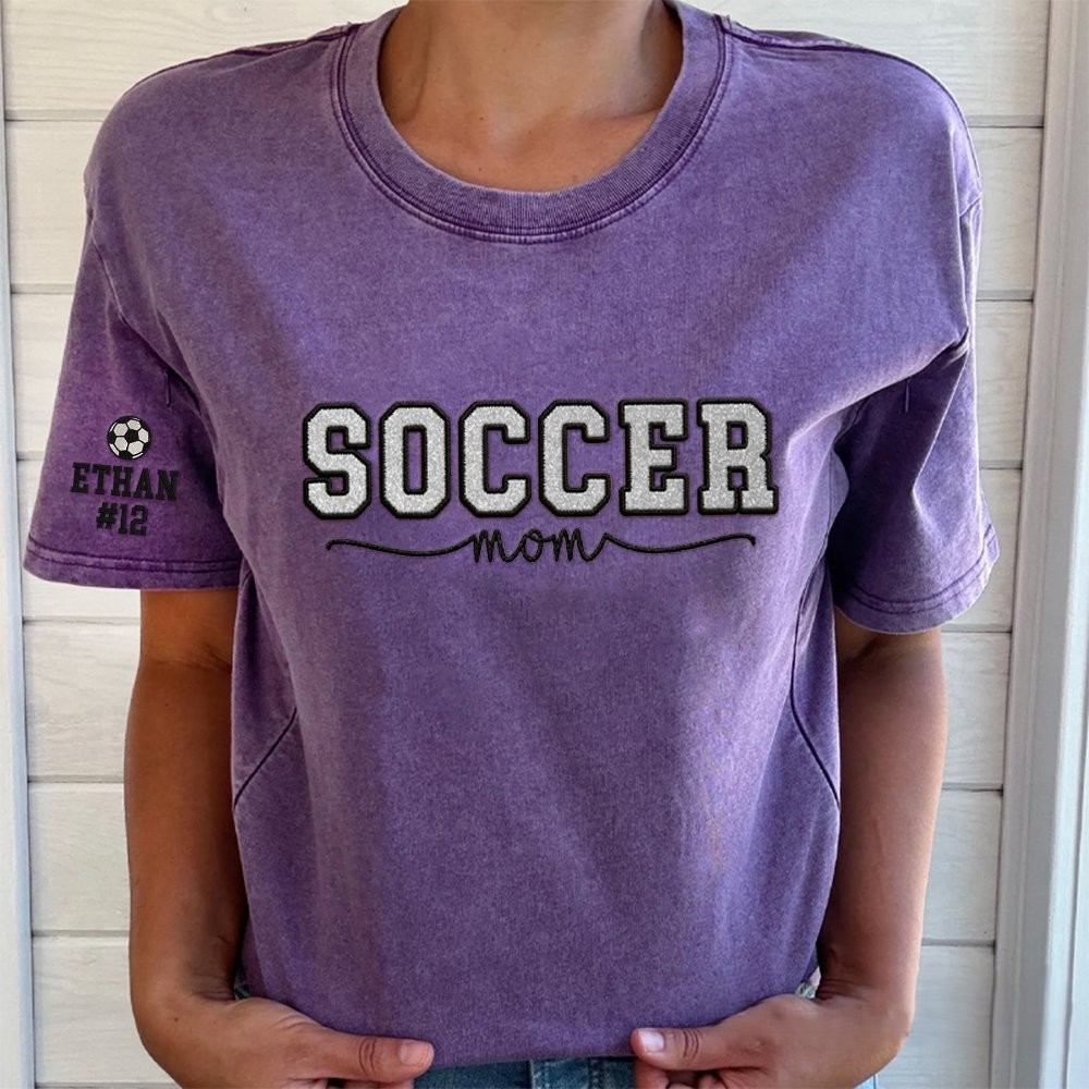 Proudstitch Soccer Mom Side Bow Glitter Embroidery Washed T-Shirt Soccer Mom Apparel