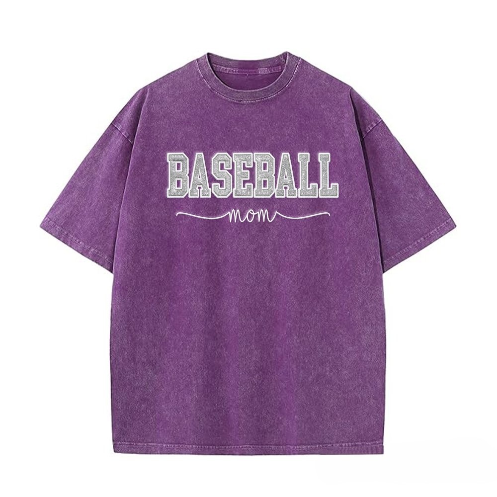 Proudstitch Baseball Mom Dad Glitter Embroidered Washed T-shirt with Side Bow