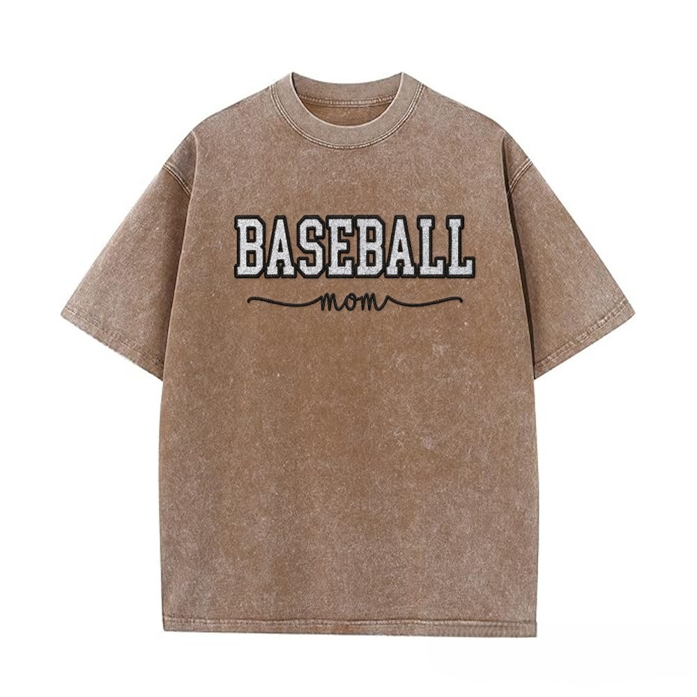 Proudstitch Baseball Mom Dad Glitter Embroidered Washed T-shirt with Side Bow