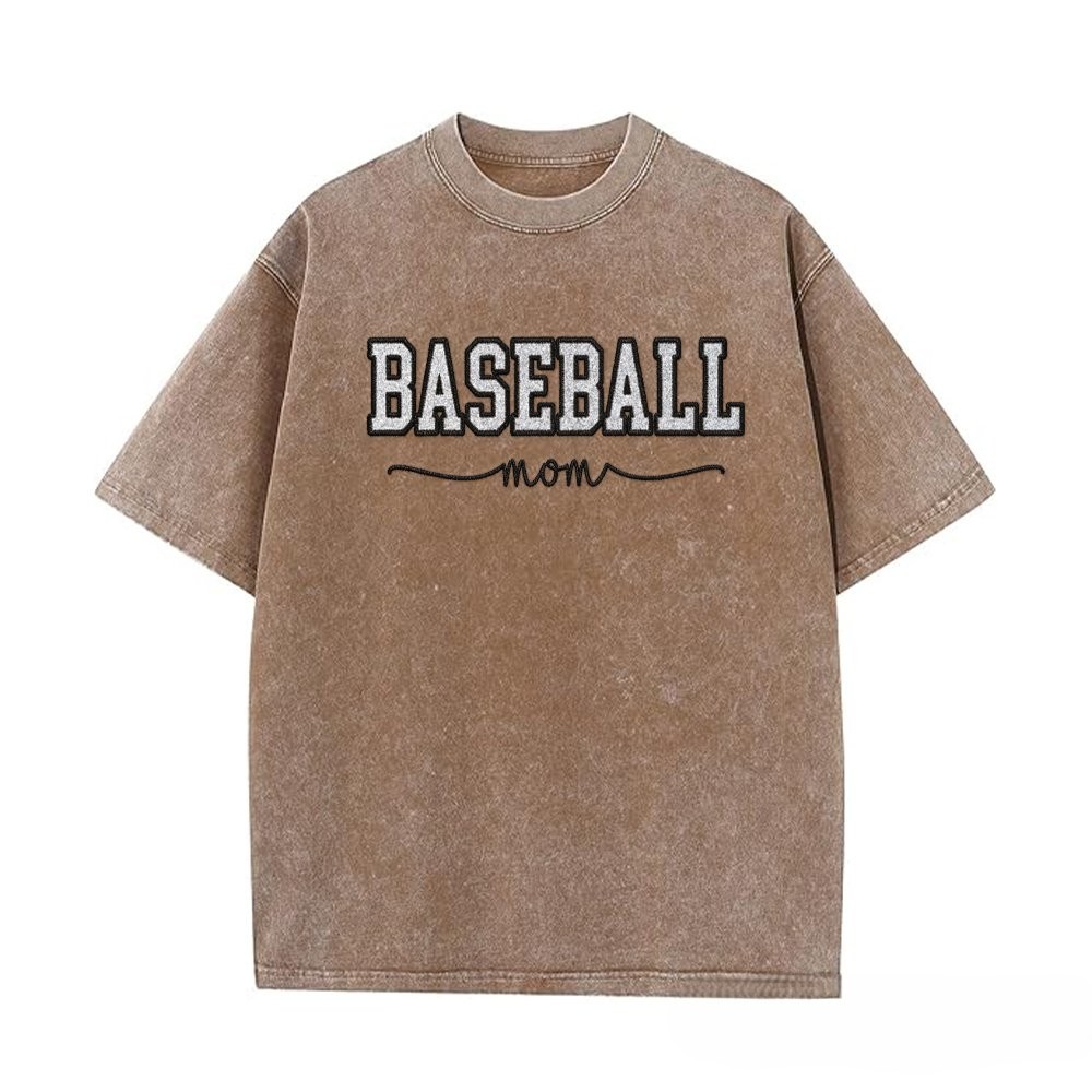 Proudstitch Baseball Mom Dad Glitter Embroidered Washed T-shirt with Side Bow