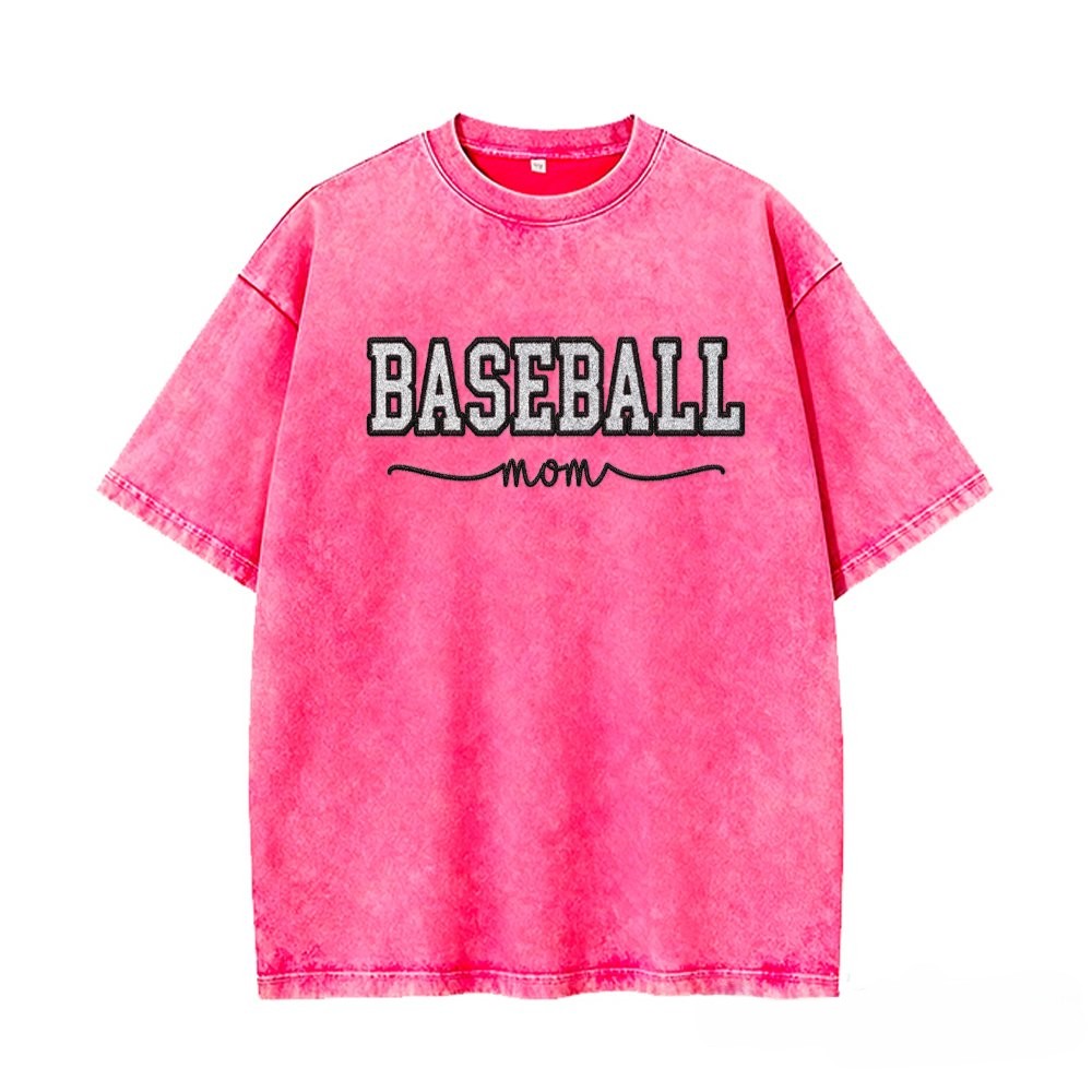 Proudstitch Baseball Mom Dad Glitter Embroidered Washed T-shirt with Side Bow