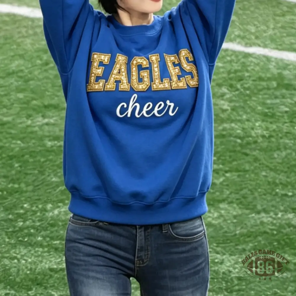 Women Cheer Team Name Embroidered Sequin Cheerleading Oversized Crewneck Sweatshirt Top