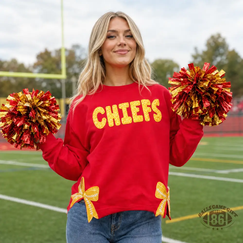 Women CHIEFS Graphic Sweatshirt, Bow Split Hem Game Day Pullover