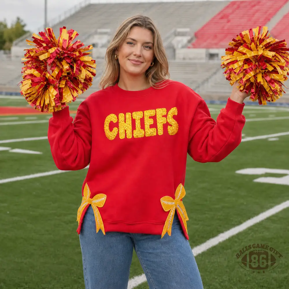 Women CHIEFS Graphic Sweatshirt, Bow Split Hem Game Day Pullover