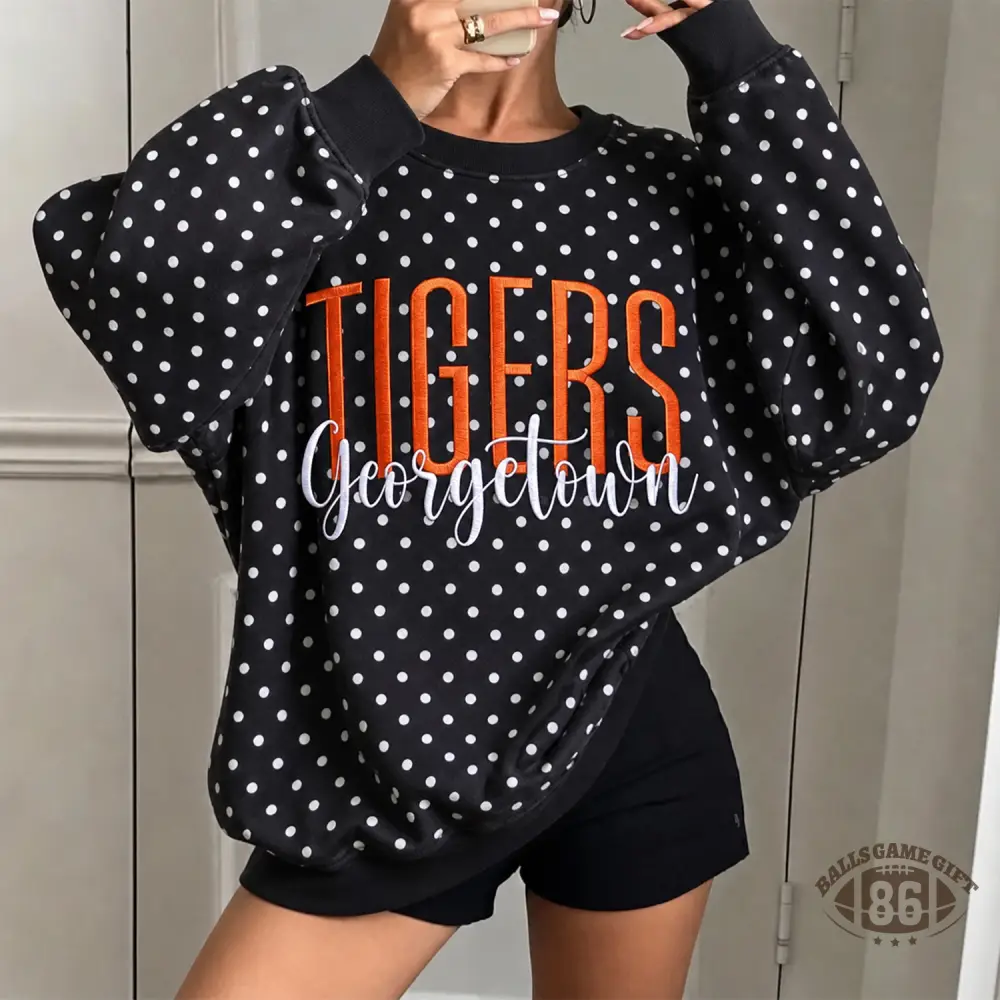 Women Custom Polka Dot Crewneck Sweatshirt, Personalized Varsity & Script Team Name Game Day Pullover
