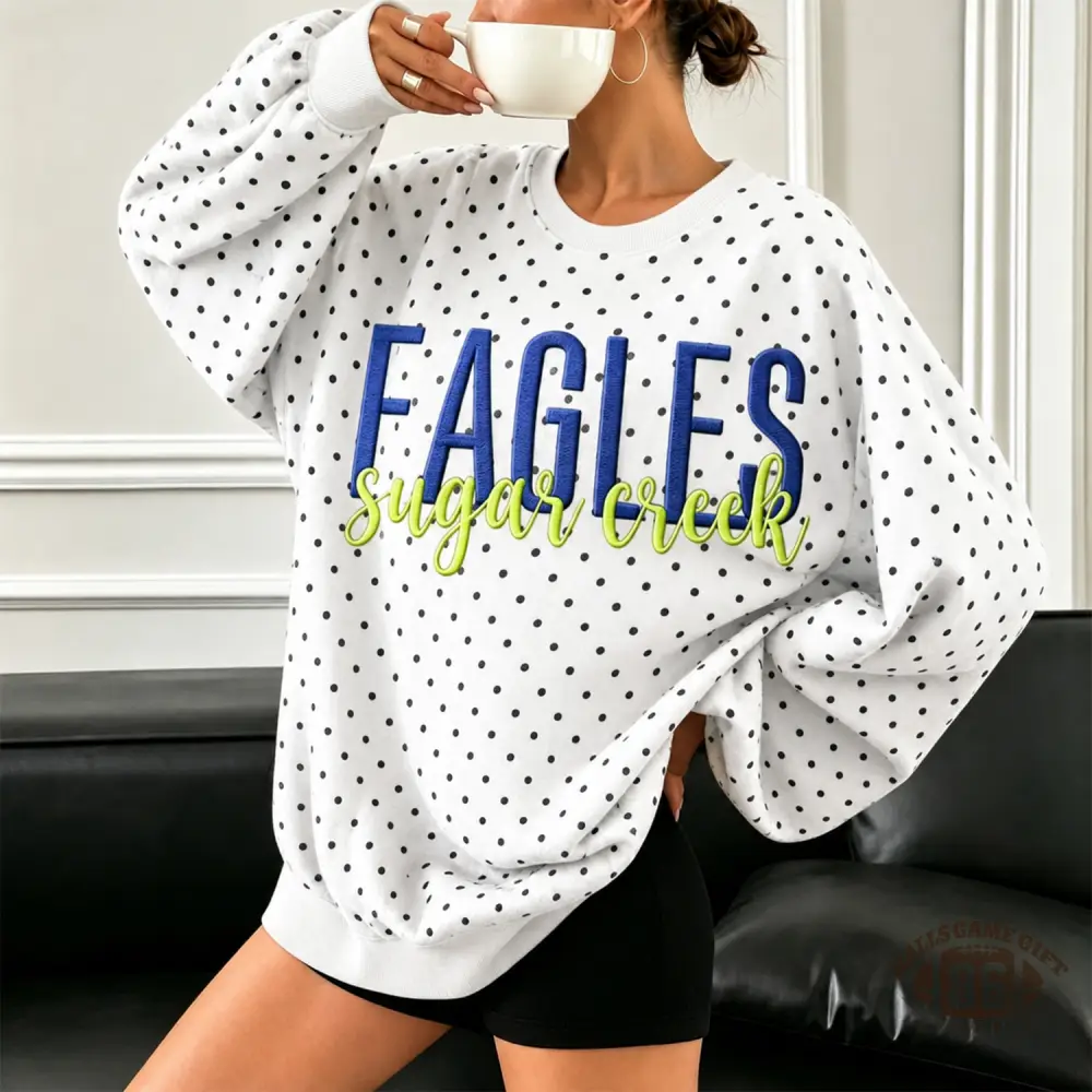 Women Custom Polka Dot Crewneck Sweatshirt, Personalized Varsity & Script Team Name Game Day Pullover