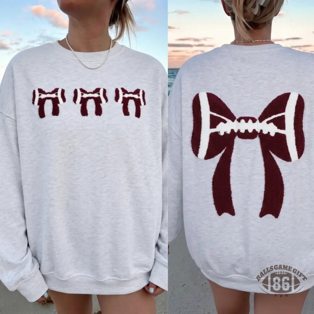 Women Gray Chenille Embroidered Football Bow Back Game Day Oversized Sweatshirt