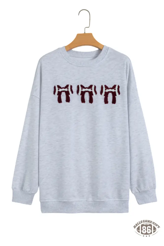 Women Gray Chenille Embroidered Football Bow Back Game Day Oversized Sweatshirt