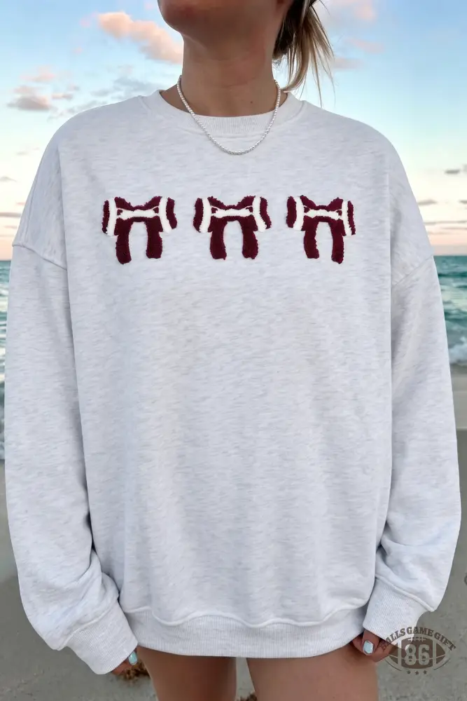 Women Gray Chenille Embroidered Football Bow Back Game Day Oversized Sweatshirt